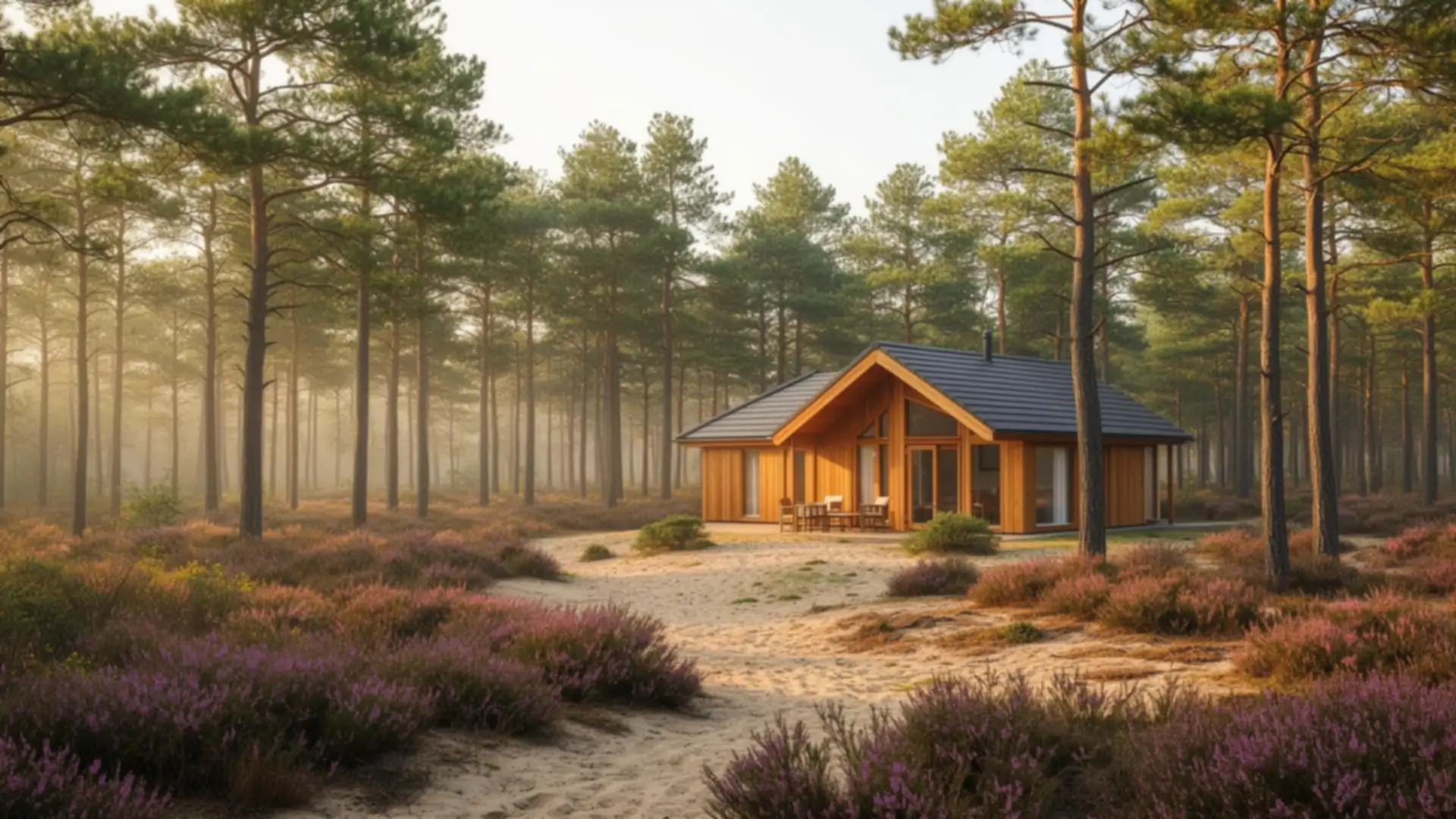 Chalet tussen pijnbomen en heide in de ochtendzon